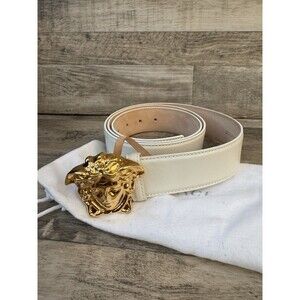 Versace Medusa Biggie 3D Gold Buckle White Leather Belt Size 115/46 w/ Dust Bag